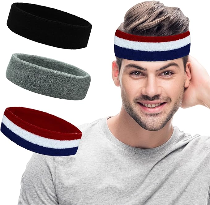 Sweatbands Sports Headbands for Men & Women - 3 Pack Moisture Wicking Cotton Headband for Tennis, Basketball, Running, Gym - Sweat Band