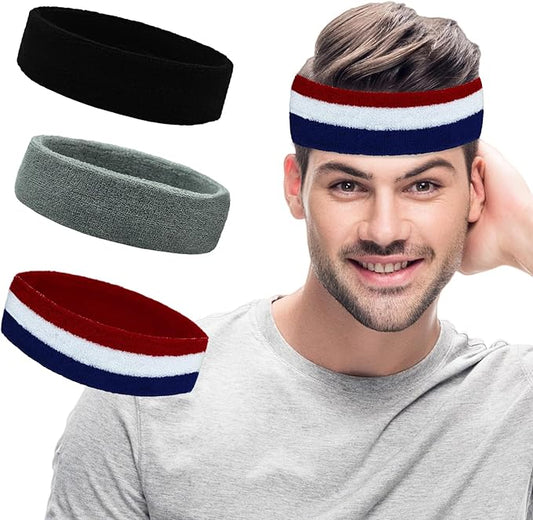 Sweatbands Sports Headbands for Men & Women - 3 Pack Moisture Wicking Cotton Headband for Tennis, Basketball, Running, Gym - Sweat Band