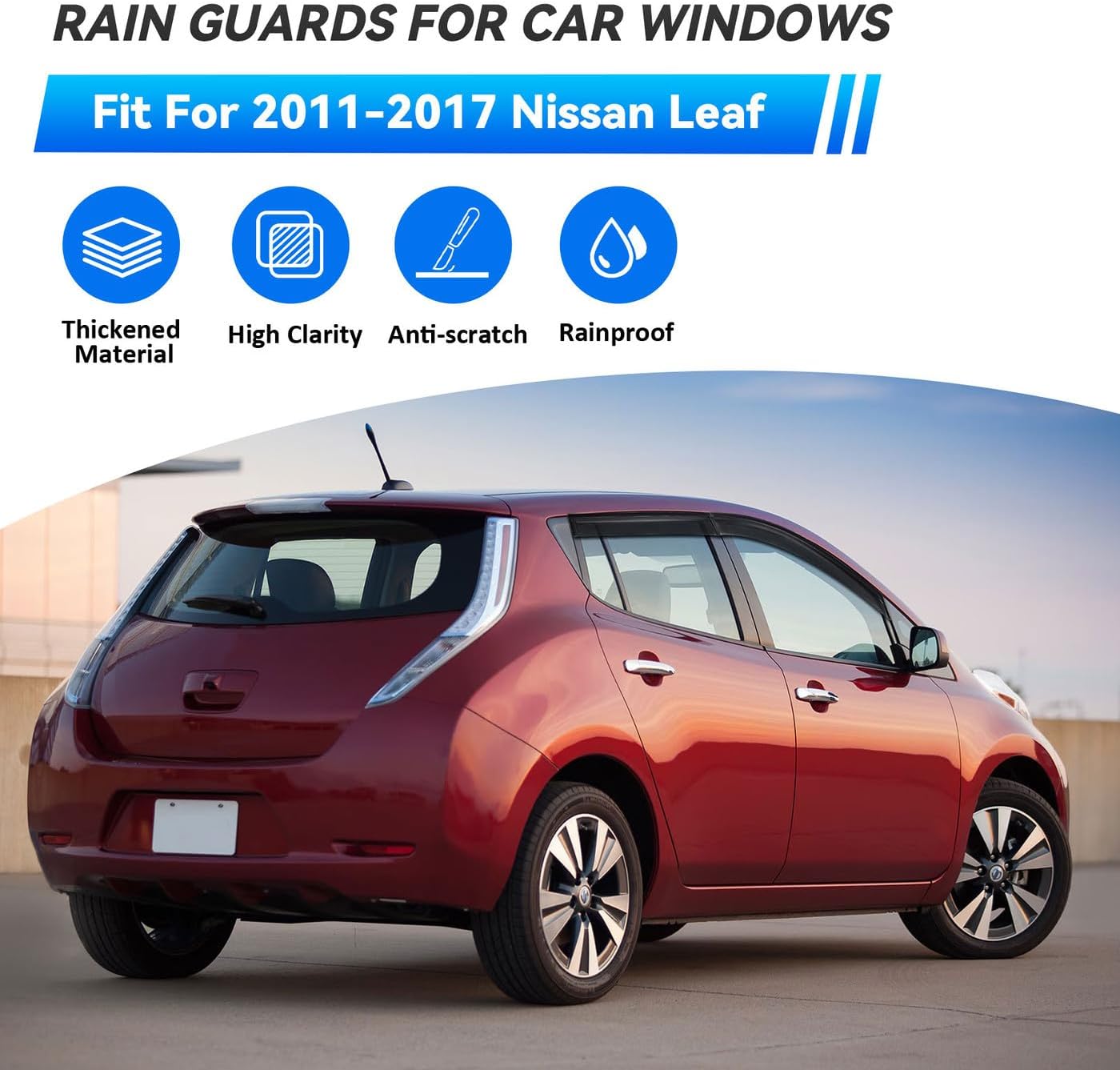 4pcs Front+Rear Smoke Tint Sun/Rain Guard Outside Mount Tape-On Vent Window Visors Compatible with 2011-2017 Nissan Leaf