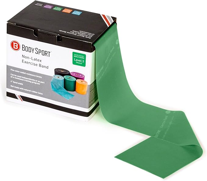 Body Sport Exercise Bands - 25 yd. Roll of Heavy Resistance Bands for Stretching, Fitness or Physical Therapy, Non-Latex - Extra Heavy Medium Resistance - Green