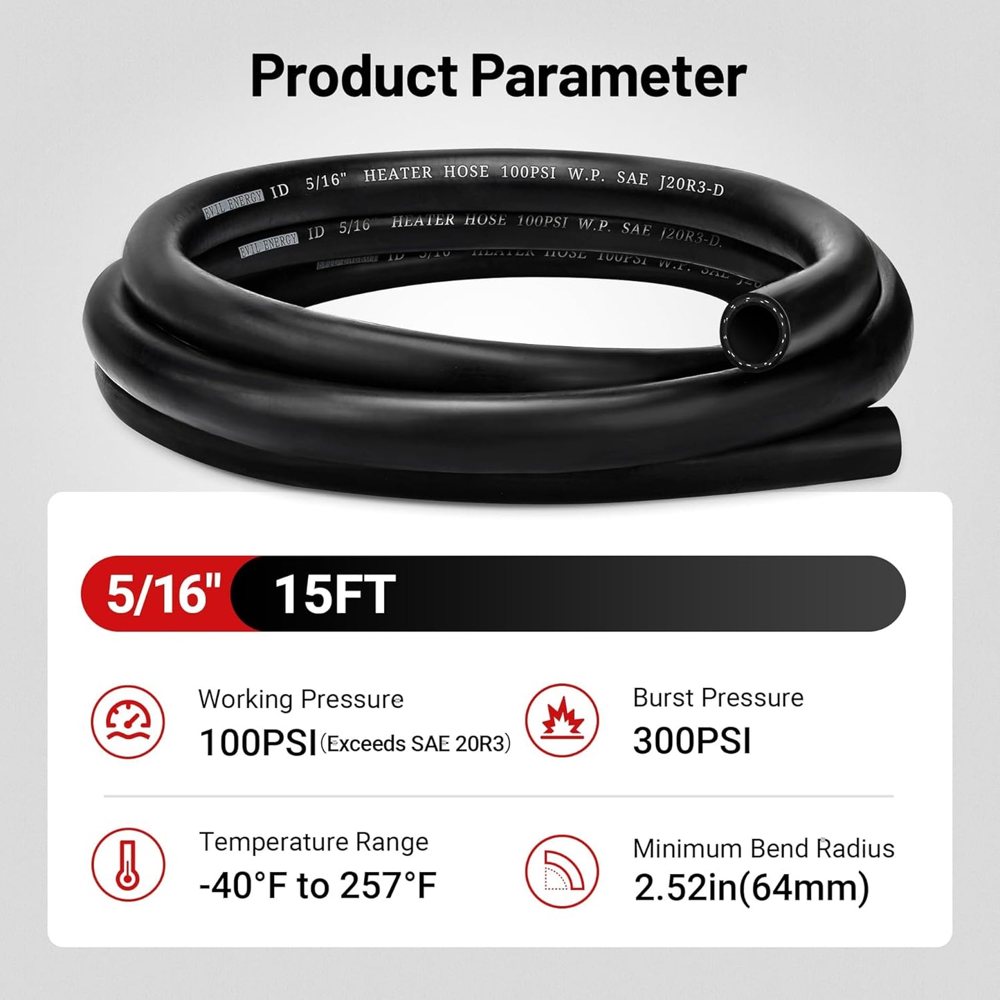 EVIL ENERGY 5/16" Heater Hose Coolant Radiator Straight 100PSI SAE 20R3 15FT Black