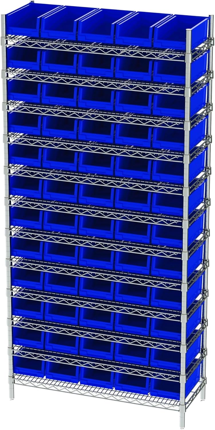 Hudson Exchange 36x14x74, 12-Tier (60 Bins Included), Industrial Wire Shelving Unit with Storage Shelf Bins, Chrome Rack (Blue)