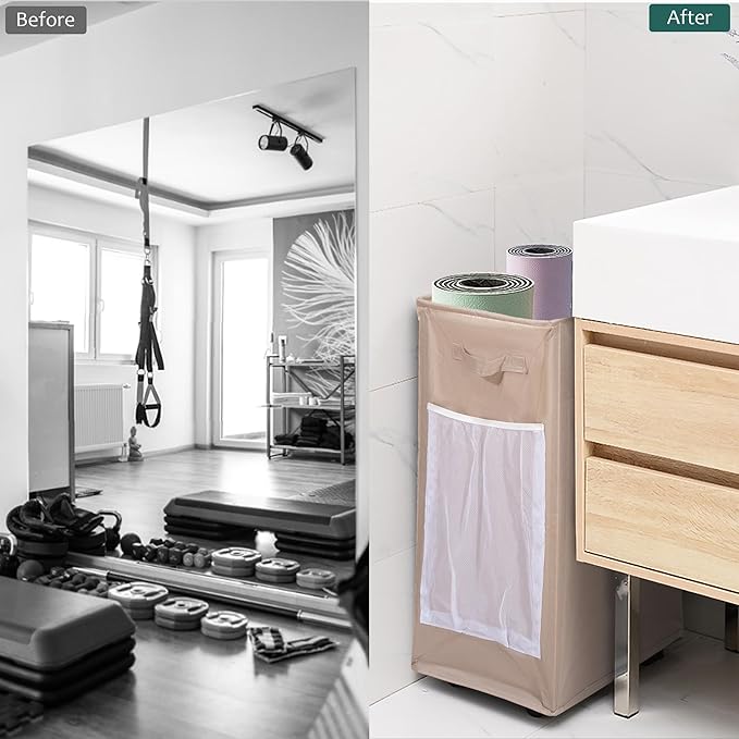 Yoga Mat Storage Racks, Home Gym Storage Rack with Wheels, Yoga Mat Holder Side 2 Mesh Pockets, Yoga Storage Basket Holds 4 Yoga Mats, 2 Foam Rollers, 6 Resistance Bands