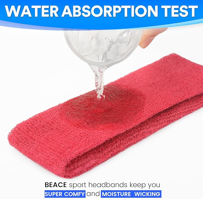 BEACE Sweatbands Sports Headband for Men & Women - Moisture Wicking Athletic Cotton Terry Cloth Sweatband for Tennis, Basketball, Running, Gym, Working Out