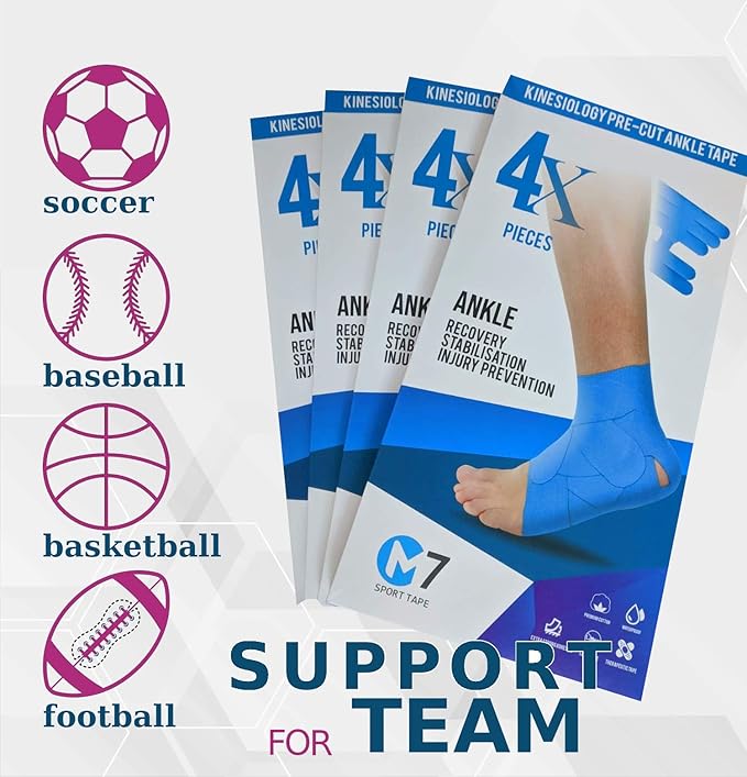 M7 Sport Kinesiology Ankle Tape for Ankle Sprain and Injury Recovery, Pain Relief Therapeutic Tape, Ankle Brace Compression Support, Plantar Fasciitis, Waterproof, Eases Swelling (Pink, 4-Pack)