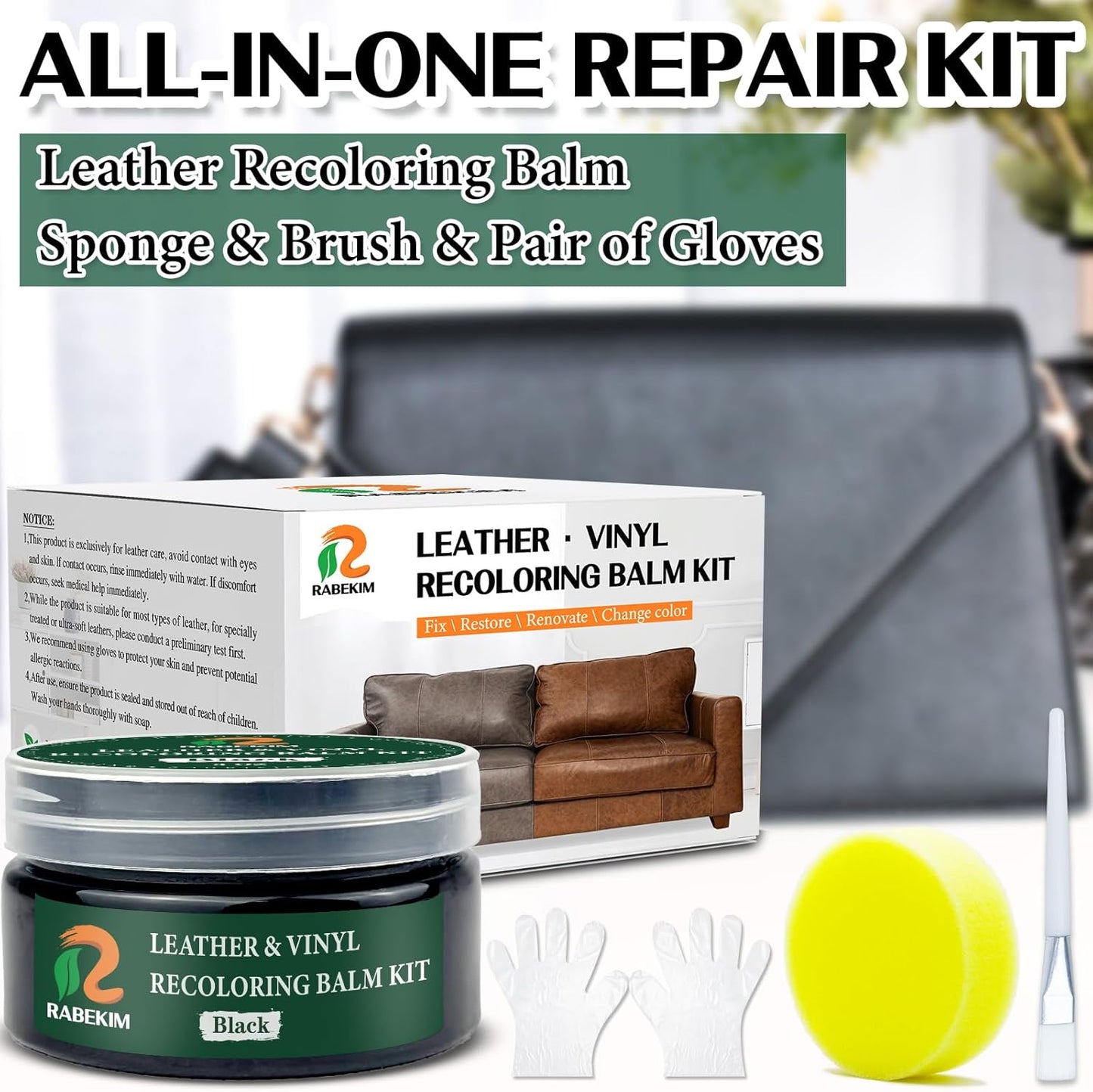 Black Leather Repair Kit, Leather Recoloring Balm – Restore & Repair Faded Leather on Couches, Car Seats, Shoes & Furniture | Leather Color Restorer & Conditioner | Easy DIY Application