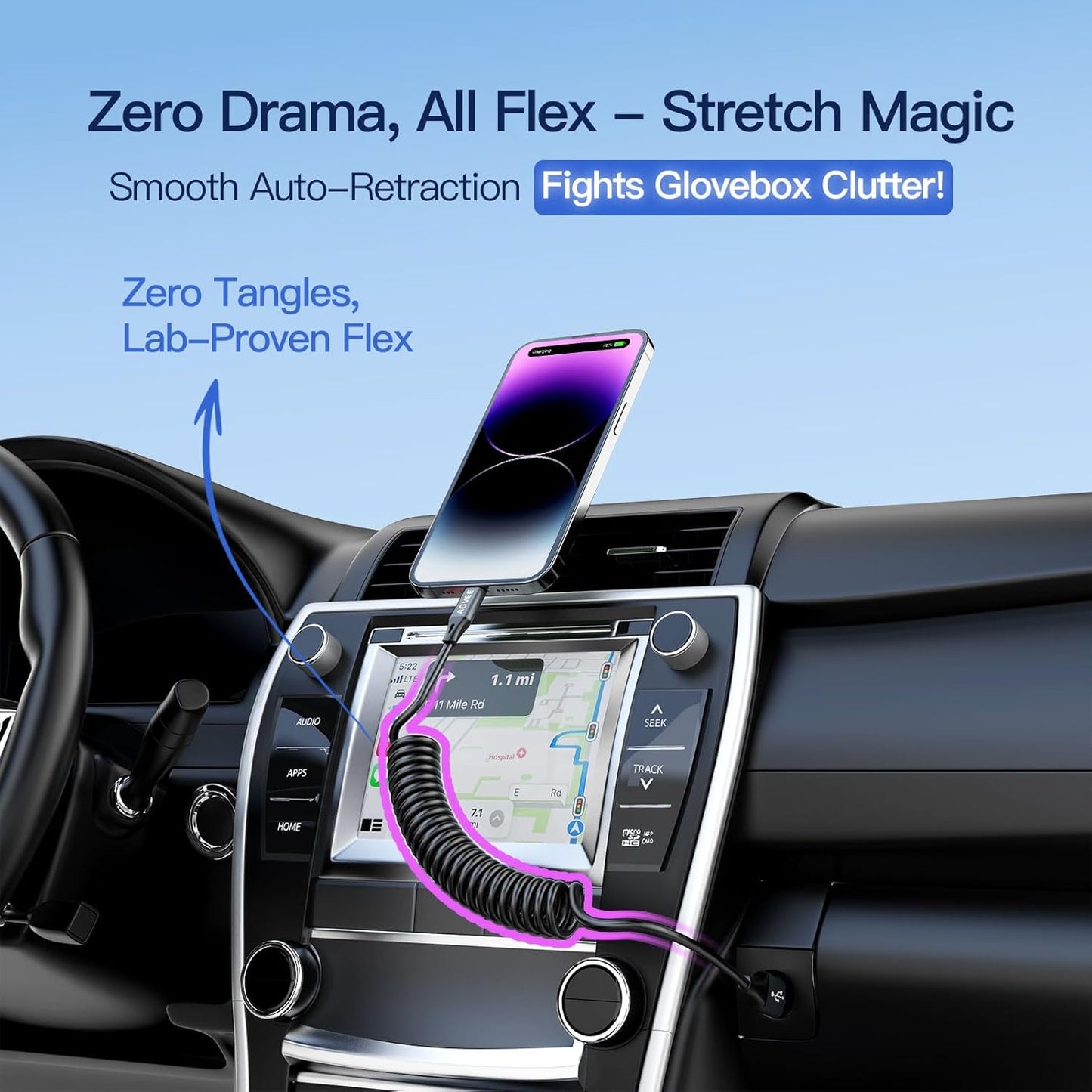 AGVEE 5ft Coiled Short USB to Lightning Charging Cable [MFI Certified] 3A Fast Charger Cord in Car for iPhone 14/13/12/11/XS/8/7/6/5 CarPlay, iPad, iPod, Dark Gray