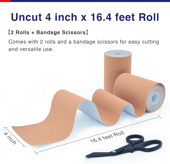 GALLOP Kinesiology Tape(2 Rolls) 4-inch Extra Wide, 16.4ft Each - Premium Elastic Muscle Support Tape (Beige（2 Roll + Bandage Scissors）)