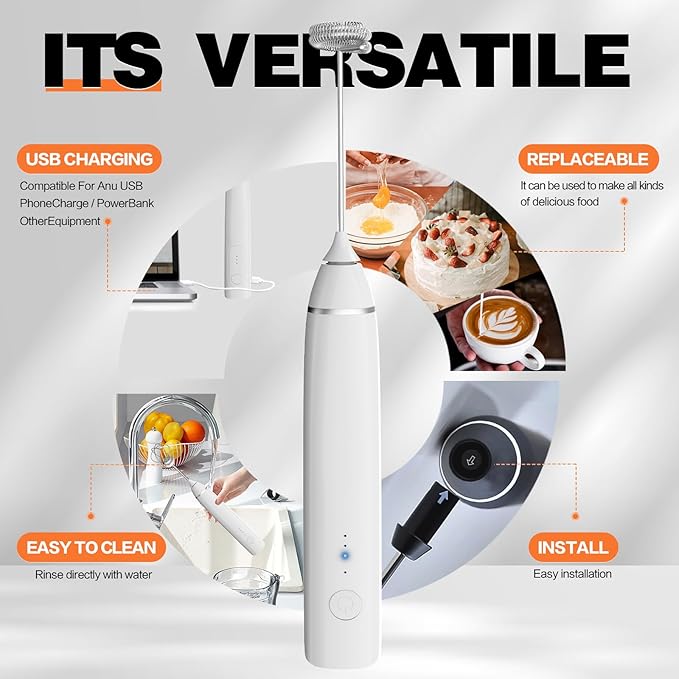 Milk Frother Rechargeable Handheld Electric Whisk Coffee Frother Mixer with 2 Stainless whisks 3 Speed Adjustable Foam Maker Blender for Coffee Matcha Latte Cappuccino Hot Chocolate(White)