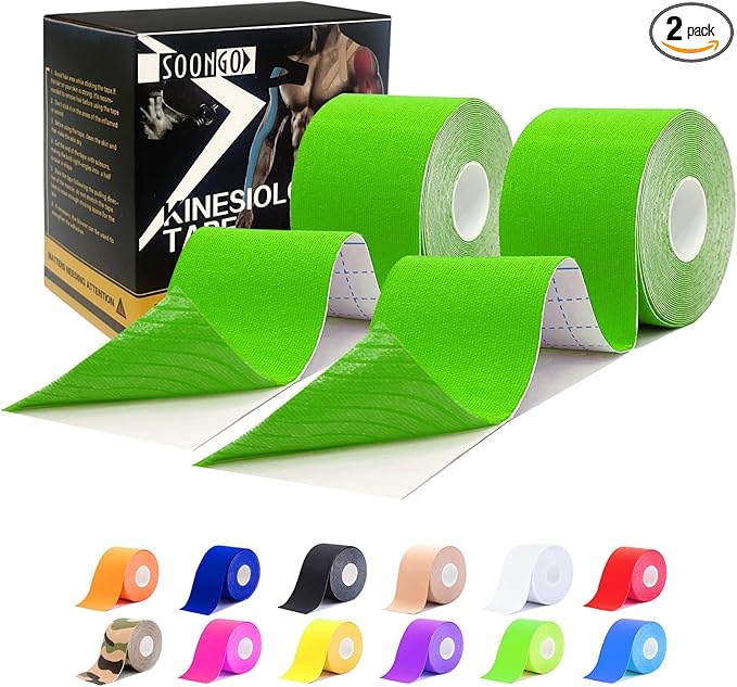 Kinesiology Tape Pro 2 Rolls, 2 Inch High Elasticity Sports Tape Therapeutic Pain Relief–Physio Tape for Muscle Recovery & Joint Support, Waterproof & Hypoallergenic & Breathable–Green