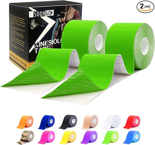 Kinesiology Tape Pro 2 Rolls, 2 Inch High Elasticity Sports Tape Therapeutic Pain Relief–Physio Tape for Muscle Recovery & Joint Support, Waterproof & Hypoallergenic & Breathable–Green