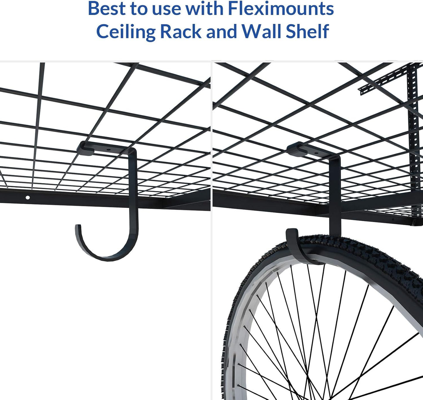 FLEXIMOUNTS 4 Pack Add On Storage Flat Hook Accessory for Garage Ceiling Rack and Wall Shelving, Max Weight Capacity up to 50lbs, Black