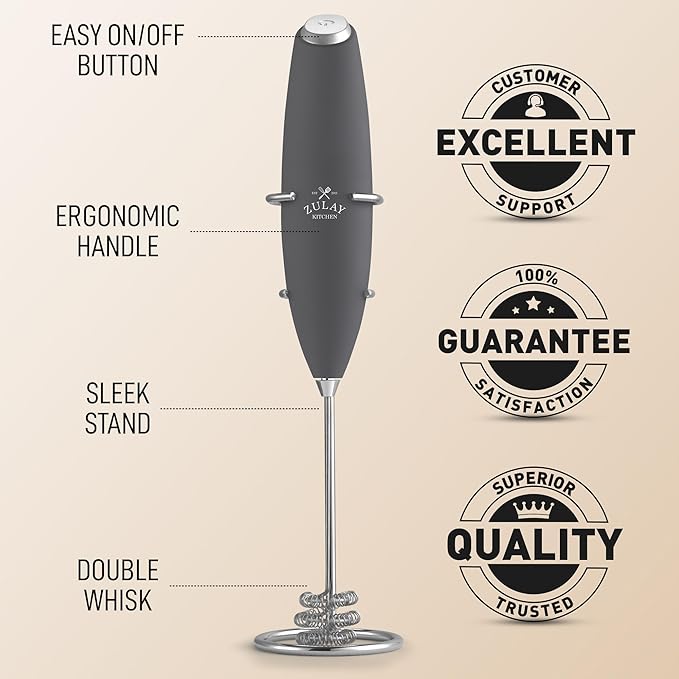 Zulay Kitchen Tornado Whisk Milk Frother with 4 AA Duracell Batteries - Triple Whisk for More Power - Handheld Coffee Frother with Stand - Drink Mixer for Lattes, Matcha & Protein Shakes
