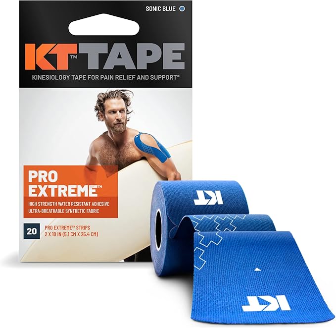 KT Tape Pro Extreme Therapeutic Elastic Kinesiology Sports Tape, 20 Pre Cut 10 inch Strips, 100% Synthetic Water Resistant Breathable, Pro & Olympic Choice, Sonic Blue