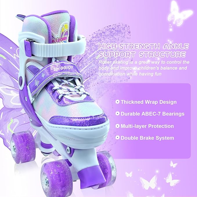 Kids Roller Skates for Girls-Outdoor 4 Size Adjustable Butterfly Quad Rollerskates for Indoor Ages 3-12 Years Beginners Children's Birthday Gift with Light Up Wheels patines para niñas Indoor