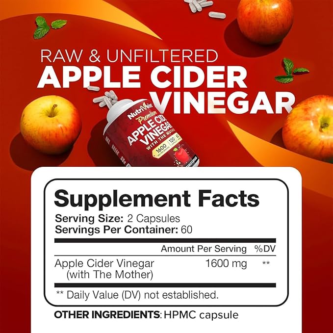 Nutrivein Premium Apple Cider Vinegar Supplements with Mother - 1600 mg - 120 Apple Cider Vinegar Capsules: ACV Pills for Digestion, Keto, Cleansing, and Balanced Nutrition