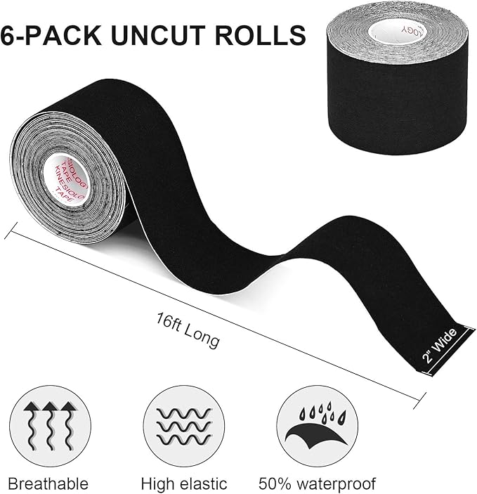 Kinesiology Tape Athletic Tape Sport Tape, Lychee Supports & Protects Muscles, Waterproof and Latex Free, Breathable Elastic for Sport Activity(Black, 6 Rolls)
