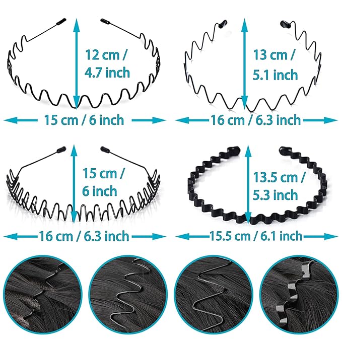 Metal Headband for Men, Unisex Black Wavy Spring Hair Band, Zig Zag Hair Dand, Fashion Elastic Hair Accessories, Multipack Options Available（8pcs）