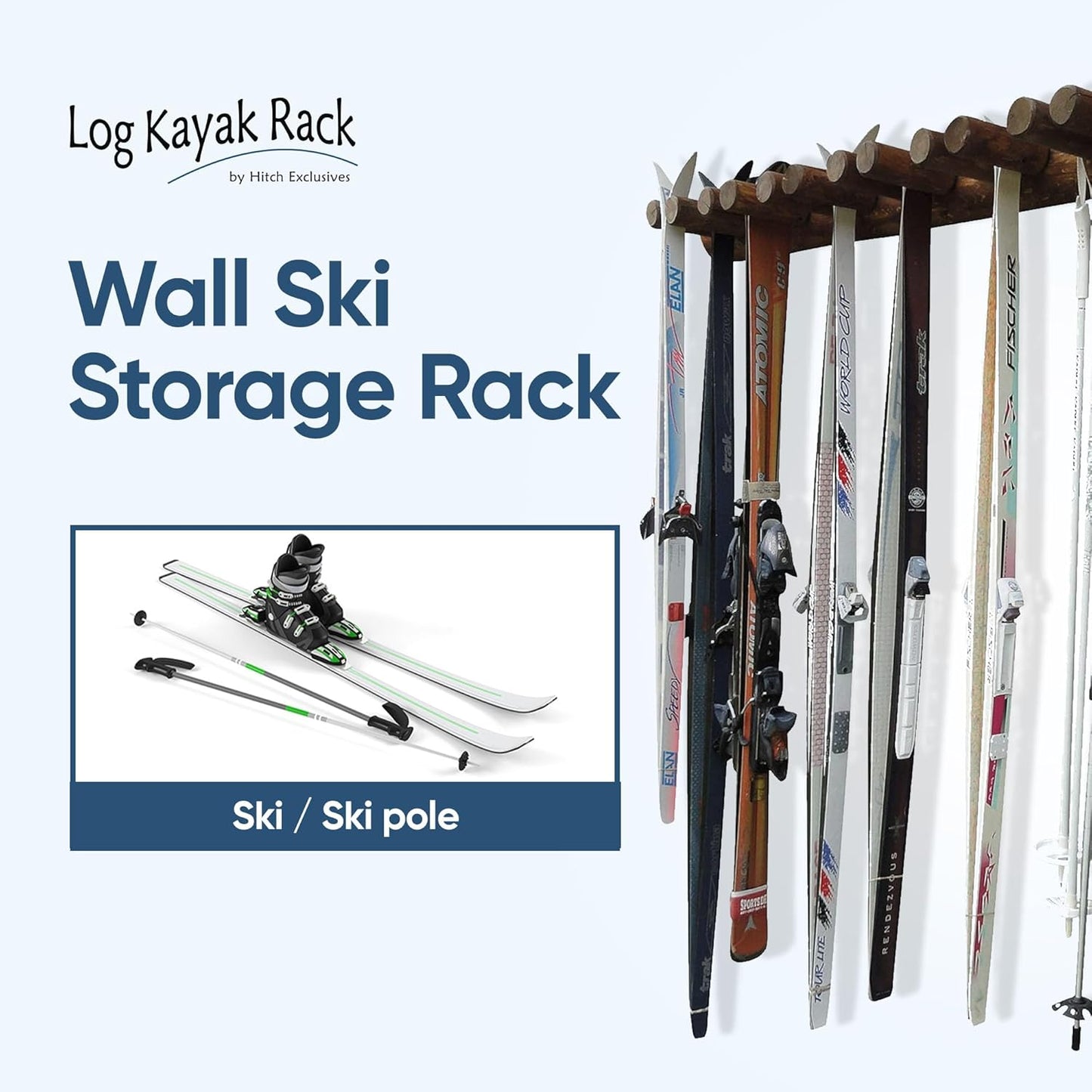 14-Place Log Ski Rack Wall Mount, Indoor Ski Storage Rack for Garage Organizers, Wooden Skis Wall Mount Storage Racks, Pole Skis Sports Racks, Garage Organization Walls - Canyon Brown