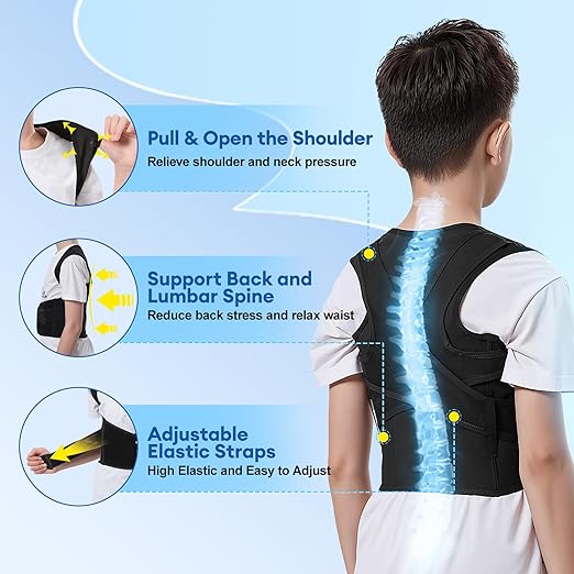 Back Brace Posture Corrector for Kids, Adjustable Full Back Support, for Upper and Lower Back Pain Relief, Scoliosis, Dowagers Hump, Hunchback, Thoracic, Spine Corrector (Large, Waist: 23''-28'')