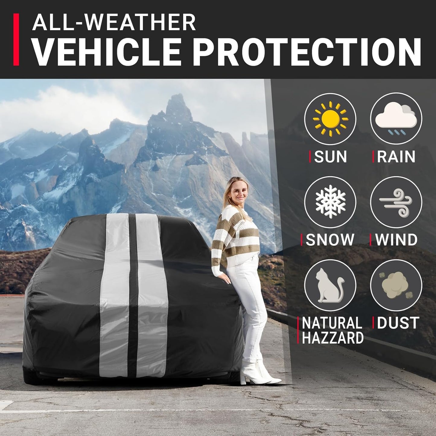 iCarCover Custom Car Cover for Pontiac Parisienne 2-Door (1965-1970) Waterproof All-Weather Rain Snow UV Sun Protector Full Exterior Indoor Outdoor Car Cover (Stripe - Black/Gray)