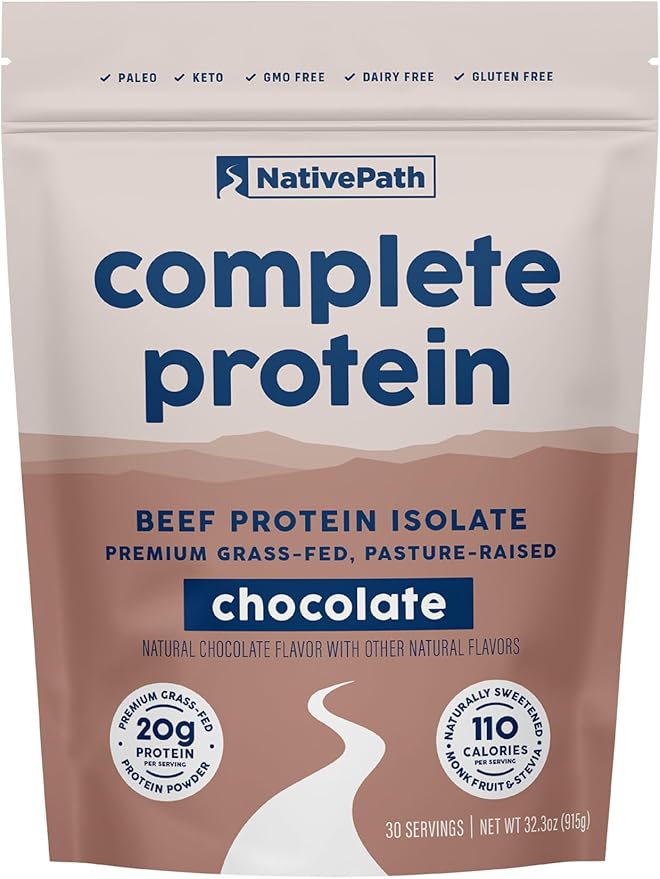NativePath Complete Beef Protein Powder Isolate – Grass-Fed, Pasture-Raised, Dairy & Lactose Free, Gluten Free, Zero Sugar, MCTs & Amino Acids – 20g Protein, Chocolate Flavor, 30 Servings