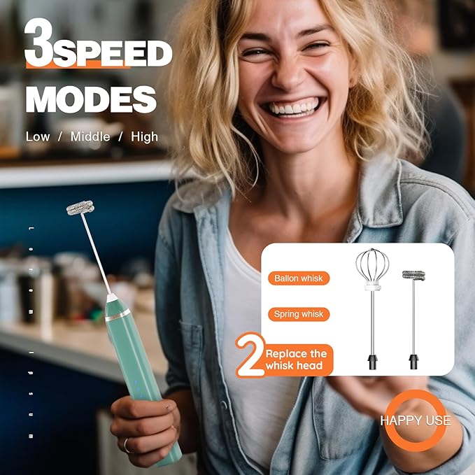 Milk Frother Rechargeable Handheld Electric Whisk Coffee Frother Mixer with 3 Stainless whisks 3 Speed Adjustable Foam Maker Blender for Coffee Matcha Latte Cappuccino Hot Chocolate（Green)