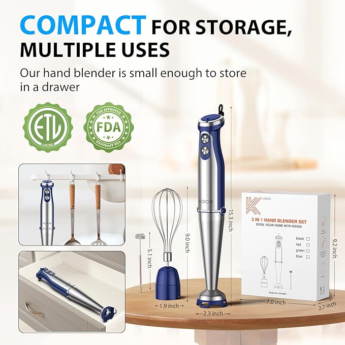 KOIOS Immersion Blender, 1000W Anti-scratch 3-in-1 Hand Blender, Upgraded 12 Speed Stainless Steel Blade Stick Blender with Turbo Mode, Whisk and Milk Frother, Non-BPA, Blue