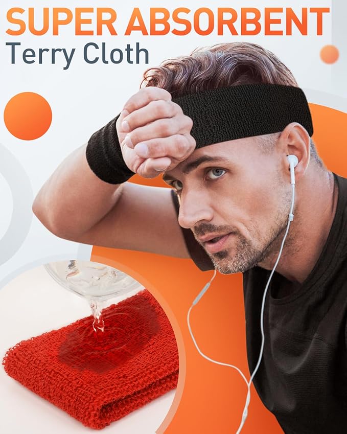 Tanluhu Sweatbands Sport Headbands for Men & Women,Terry Cloth Sweat Band for Tennis, Running, Basketball, Working Out, Execise - Athletic Sweat Cotton Headband Outdoor