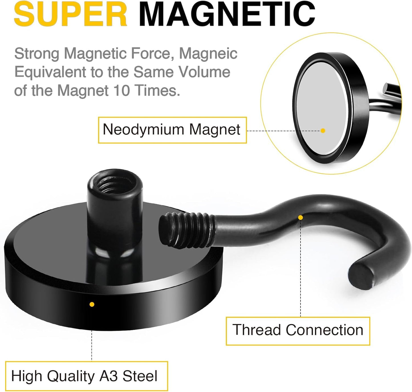 DIYMAG Black Magnetic Hooks, 118 LB Heavy Duty Strong Magnet with Hook, Rare Earth Neodymium Magnets for Hanging, Magnetics Hanger for Curtain, Home, Kitchen, Workplace, 20 Packs