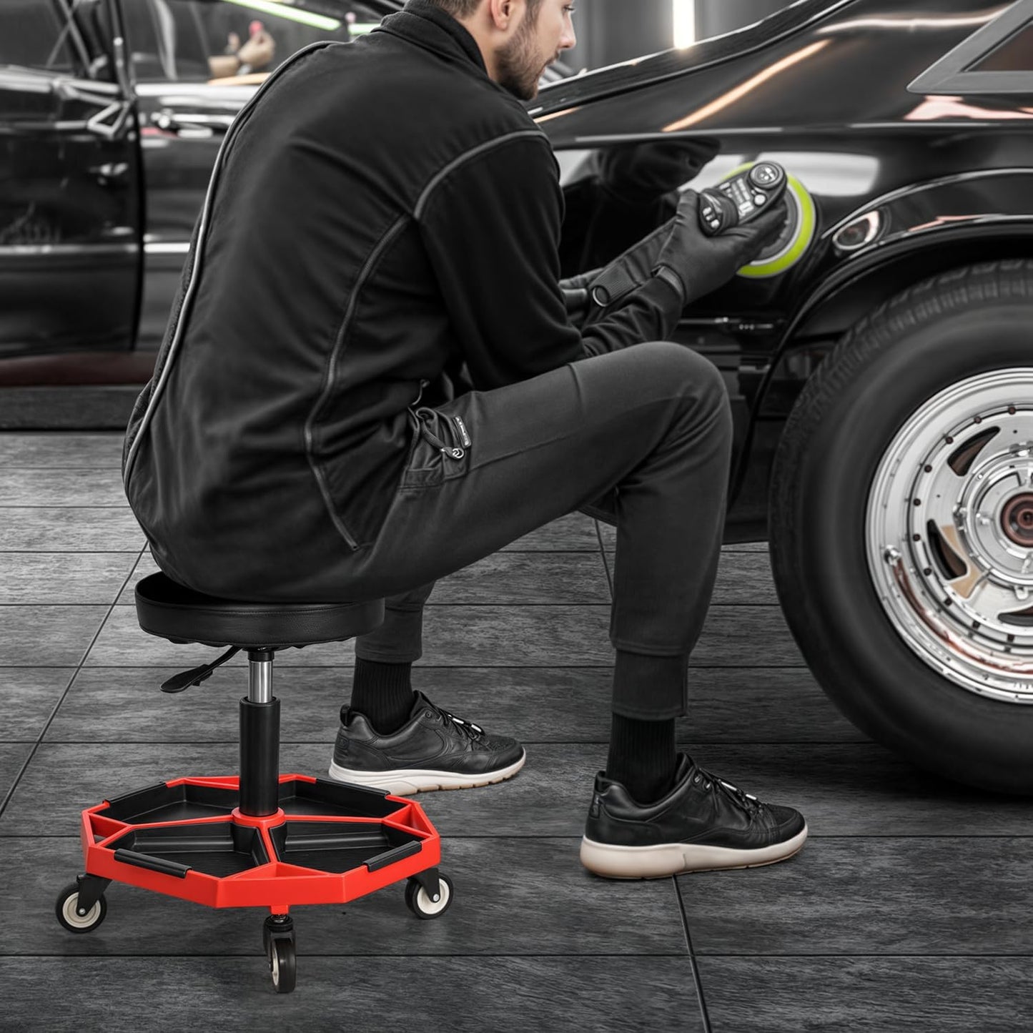 Magshion Adjustable Mechanics Stool with Wheels – 300 lbs Capacity Rolling Shop Stool for Garage & Workshop, Pneumatic Height Adjustable Work Chair with Tool Tray (Red)