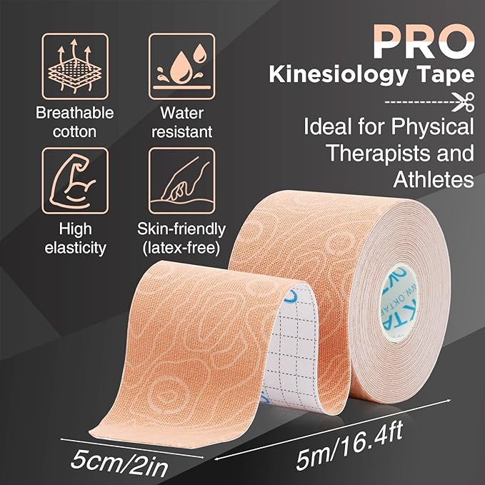 OK TAPE PRO Kinesiology Tape Uncut Roll, Elastic Physical Therapy Athletic Tape for Pain Relief, Muscle Support, Kinetic Tape, Water Resistant, 2in X 16.4ft -Beige