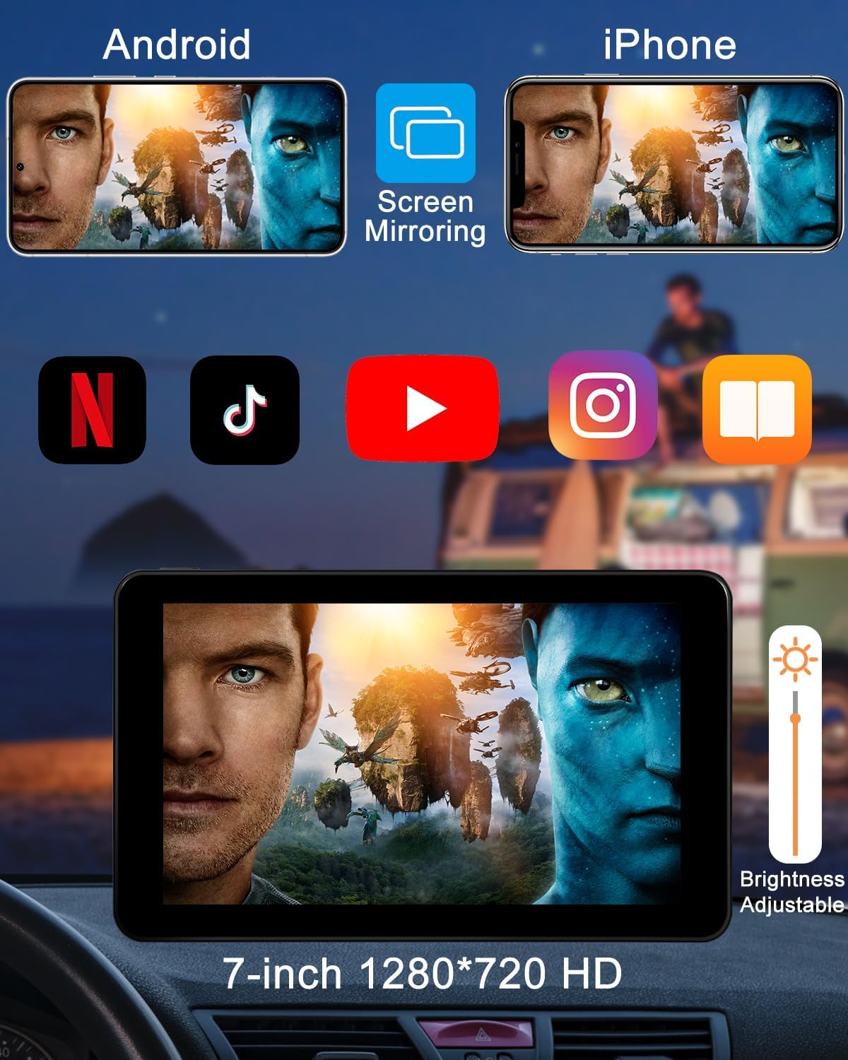 Compatible Wireless Apple CarPlay Android Auto Screen for Car, 7" Touch Screen Naivgation Car Stereo Portable CarPlay Bluetooth Mirror Link, Siri, AirPlay, AUX, Voice Assistant