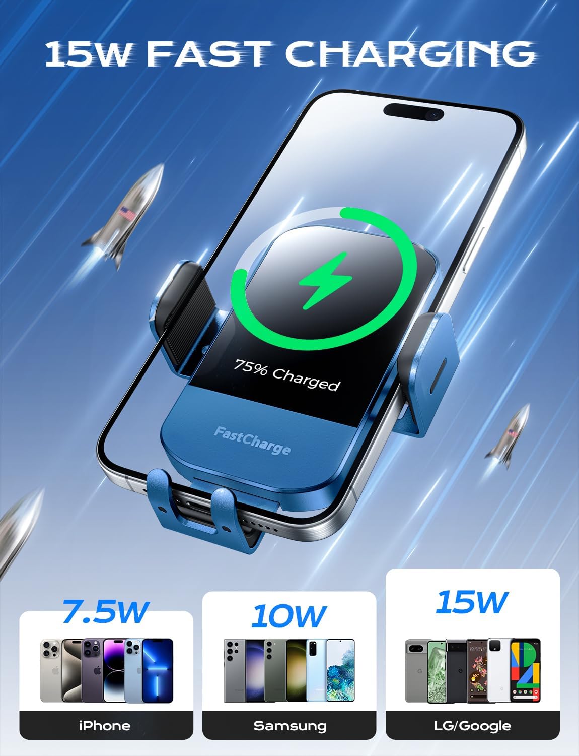 CHGeek Wireless Car Charger, 15W Fast Charging Auto Clamping Car Charger Phone Mount Phone Holder fit for iPhone 15 14 13 12 11 Pro Max Xs, Samsung Galaxy S25 Ultra S24 S23 S22, S21, S20, Blue