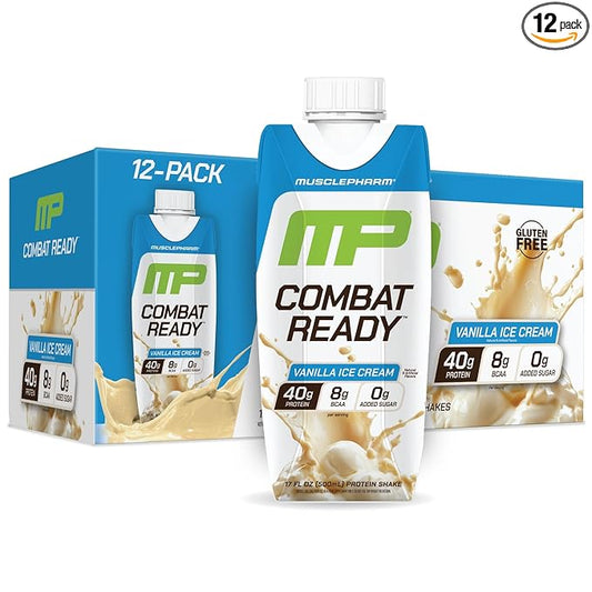 MusclePharm Combat Ready High Protein Shakes Ready to Drink, 40g Protein, 8g BCAAs, 8.7g Glutamine, 5g Fiber, No Added Sugar, Gluten Free, Vanilla Ice Cream, 17 Fl Oz (Pack of 12)