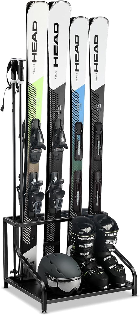 Ski Storage Rack for Garage - Freestanding Ski Holders for 4 Pairs of Skis, Ski Boot, Ski Poles, Goggles, Helmet and More, Heavy Duty Steel Floor Stand Ski Organizer for Garage Basement