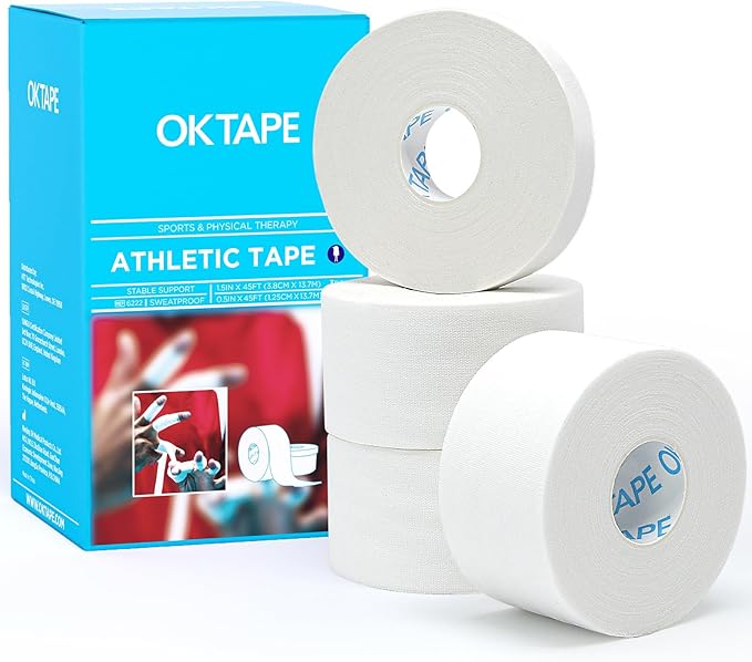 OK TAPE Athletic Tape Finger Tape, Extra Strong Adhesive Sports Tape for Weightlifting, Climbing, Basketball, Volleyball, White 3 Rolls 1.5" x 15yds and 1 Roll 0.5in x 15yds