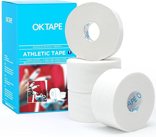 OK TAPE Athletic Tape Finger Tape, Extra Strong Adhesive Sports Tape for Weightlifting, Climbing, Basketball, Volleyball, White 3 Rolls 1.5" x 15yds and 1 Roll 0.5in x 15yds