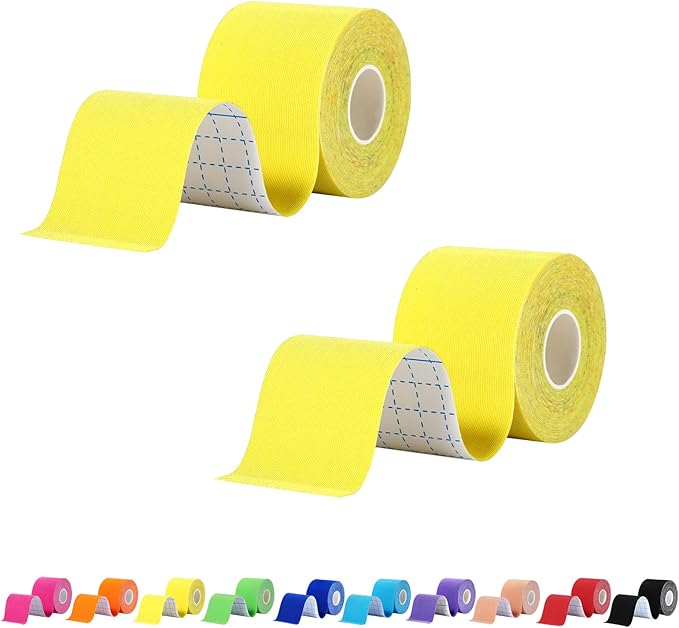 Pro Synthetic Kinesiology Tape 2 Rolls, Athletic Sports Tape for Muscle Joint Support, Pain Relief for Knee Elbow Wrist Ankle, 2 in x 16.4 Ft, Yellow