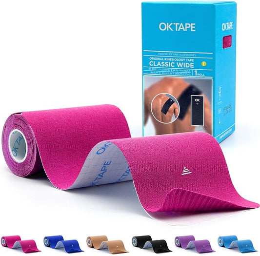 OK TAPE Extra Wide Kinesiology Tape, Precut K Tape Strips, Elastic Physical Therapy Athletic Tape for Pain Relief & Joint Support | Back, Shoulder, Knee (4" x 10" - 10Pcs) Pink
