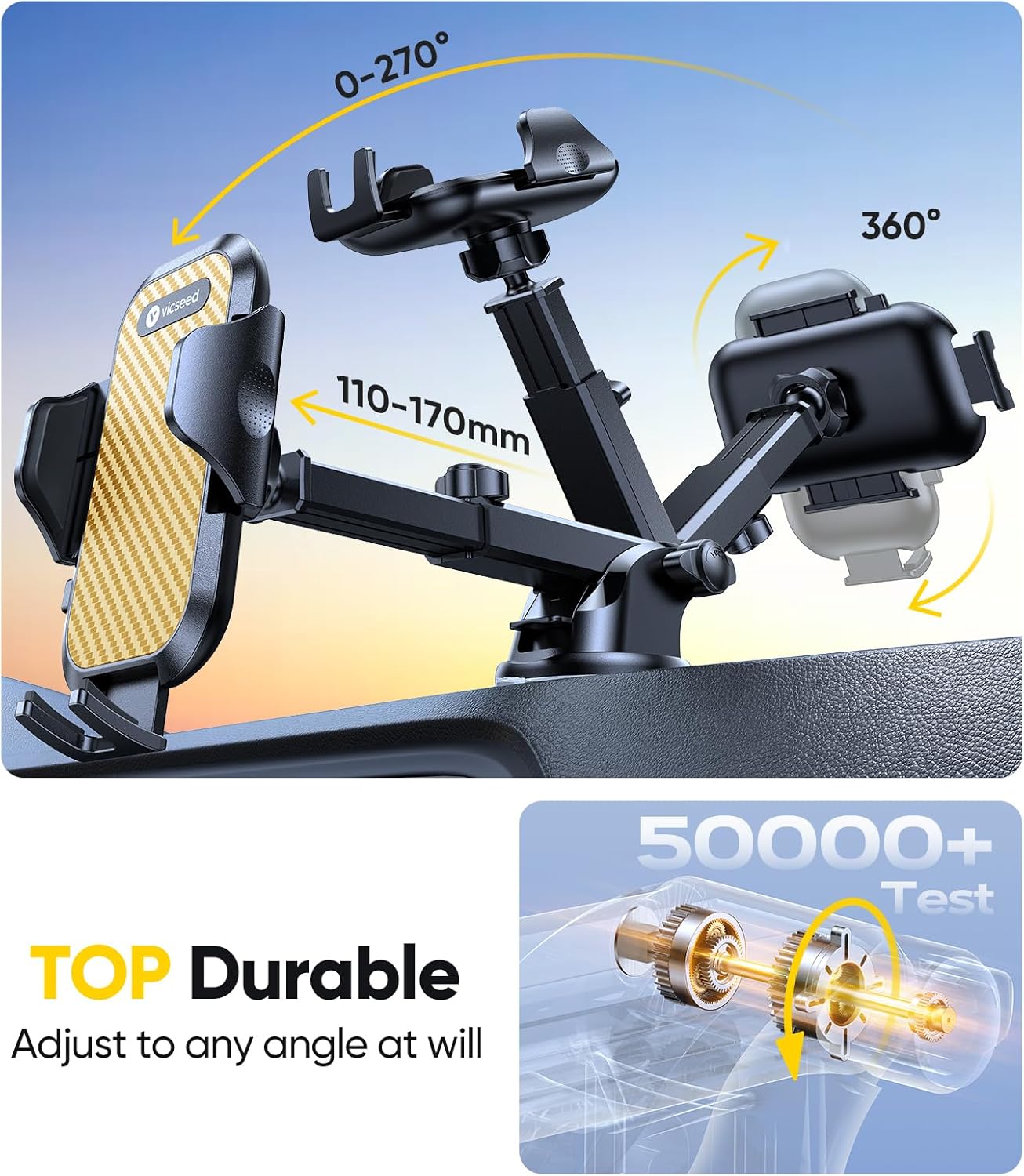 VICSEED Gold Phone Holders for Your Car, [True Military-Grade Strongest Suction Power], 3-in-1 Dashboard Windshield Vent, Truck Boat Stand Cell Phone Mount for iPhone Android All Phones