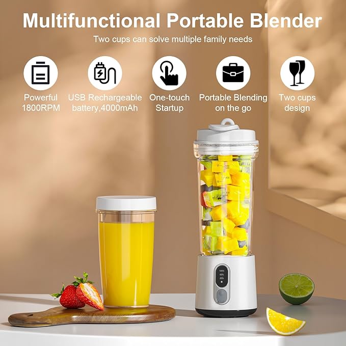 Portable Blender for Smoothies and Shakes, 2 Portable Blender Cups, 17 &10 oz Cordless Personal Small Blender with Straw Brush&Lid, USB-C Rechargeable, Quiet Mini Travel Blender, White