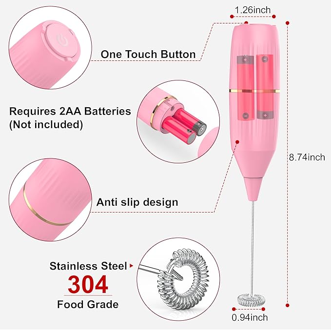 Handheld Milk Frother 14,000 RPM Drink Mixer Wand with Stand & Stirring Spoon Quiet One-Button Operation, Non-Slip Handle, Detachable Whisk Head for Coffee, Lattes, Cappuccinos, Matcha (Pink)