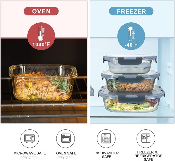 Glass Food Storage Containers with Lids Airtight, Glass Meal Prep Containers for Lunch, Glass Container Set, BPA Free（20 Pieces）