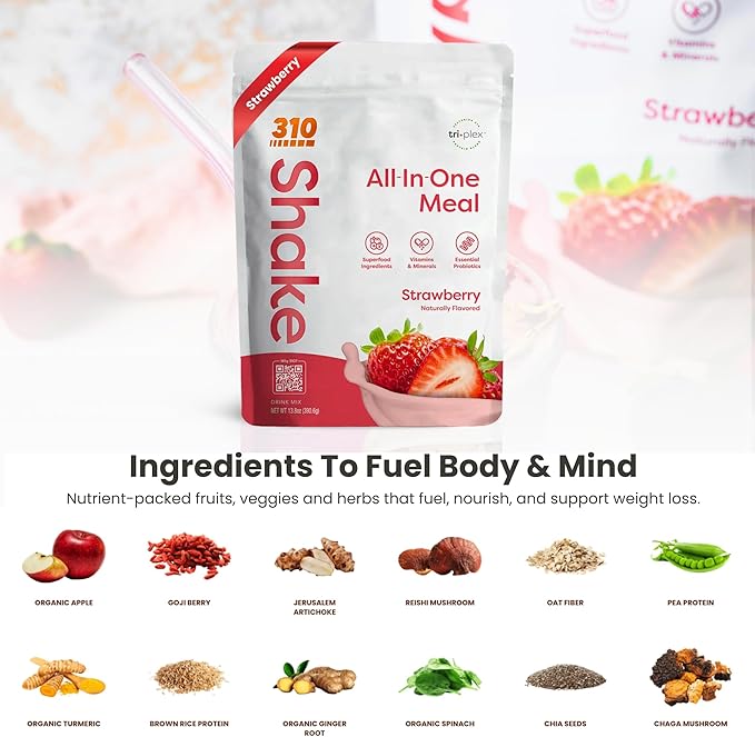 310 Nutrition All-In-One Meal Replacement Shake Powder - Plant-Based Protein Smoothie Blend w/High Fiber, Probiotics & Adaptogens - Low Carb, Vegan, Keto & Paleo Friendly - Strawberry - 14 Srv