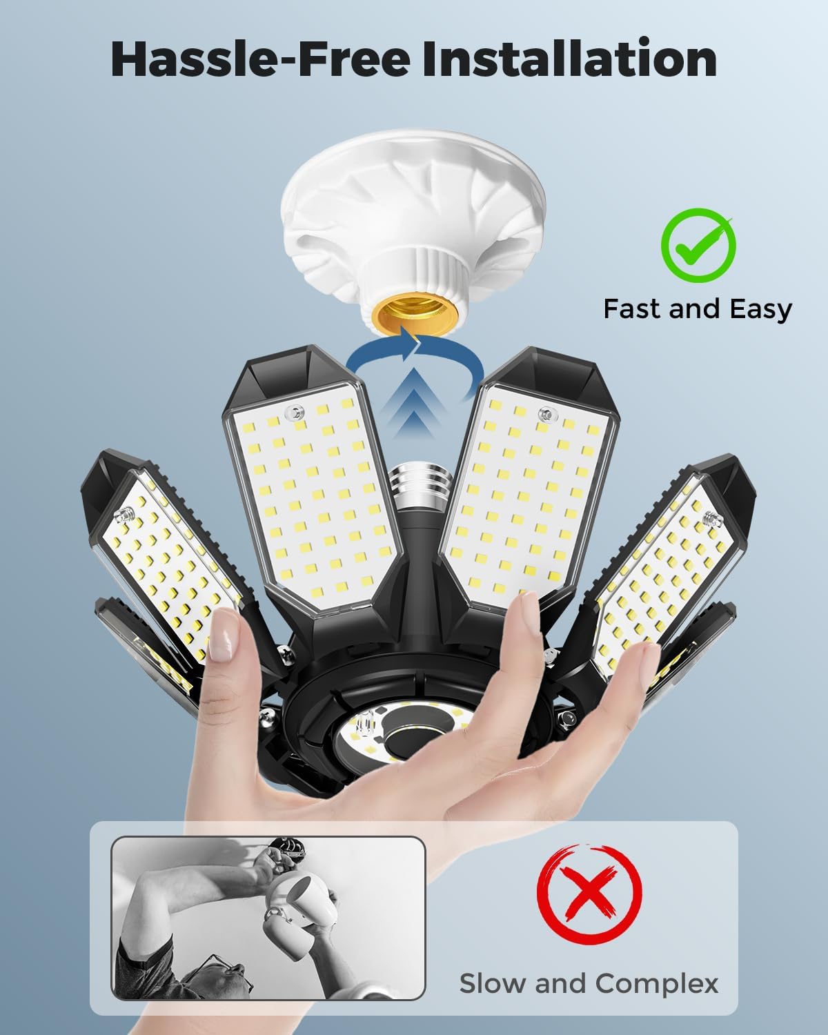 Adiding LED Garage Ceiling Lights 56000Lm 4 Pack w/ 8 Adjustable Panels, Super Bright Deformable Basement Lighting Fixture Screw in E26 Bulb Socket for Indoor Workshop, Attic, Storage, Bay, Home Gym