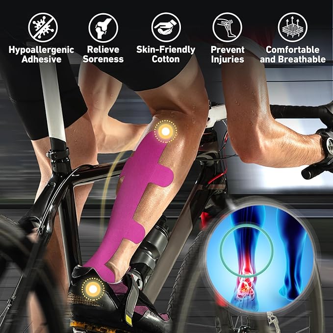 Kinesiology Tape for Achilles Tendon, KTQUICK 12 Count Achilles Tendon Tape Precut, Original Cotton Waterproof&Breathable, Enhance Elastic Kinesiology Athletic Tape for Achilles&Muscle Support(Pink)