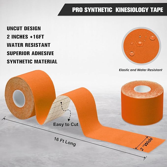 Pro Synthetic Kinesiology Tape 1 Roll, Athletic Sports Tape for Muscle Joint Support, Pain Relief for Knee Elbow Wrist Ankle, 2 in x 16.4 Ft, Orange