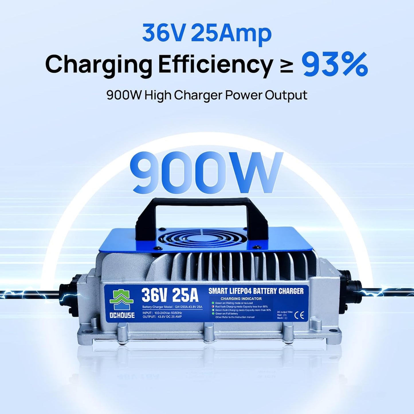 DC HOUSE 36V 25A Lithium Battery Charger, 900W Fast Charger, Charging Efficiency ≥ 93%, IP65 Waterproof Anti-Fall with Cooling Fan, Suitable for 36V Golf Cart,Trolling Motor, Forklift LiFePO4 Battery