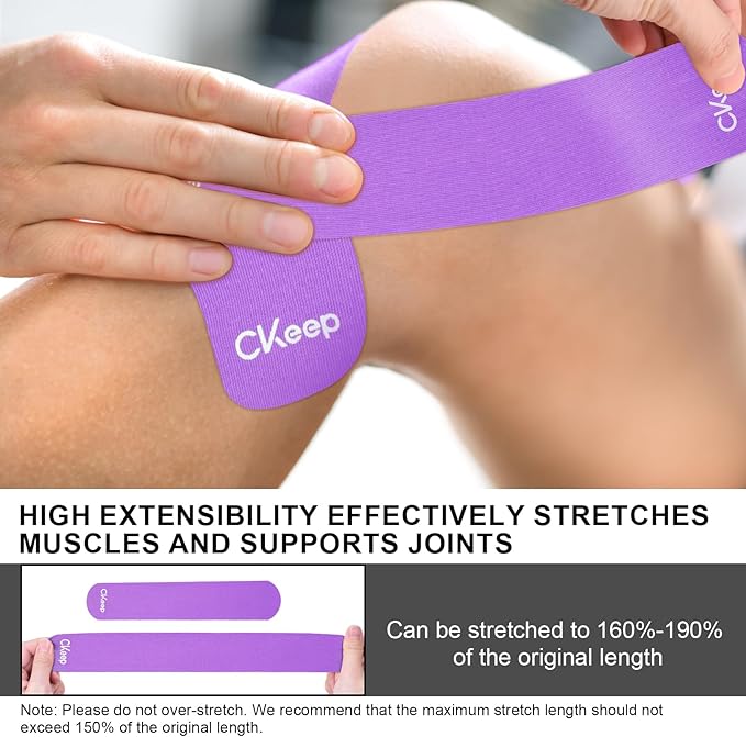 CKeep Kinesiology Tape, 2 Rolls Cotton Latex Free Hypoallergenic Elastic Precut Strips, 2 Inch Wide Waterproof Athletic Tape for Knees Pain Injuries Sprains, Purple